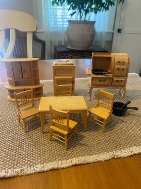 Miniature Wooden Dollhouse Dining Set with Stove and Accessories